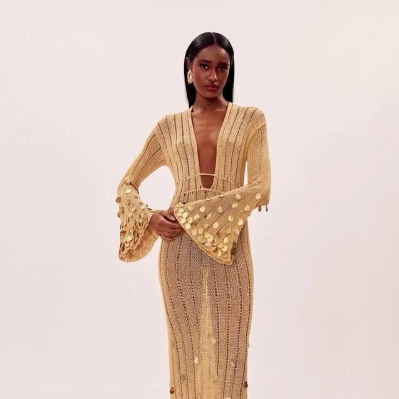 Salma Sequin Knitted Gold Long Dress