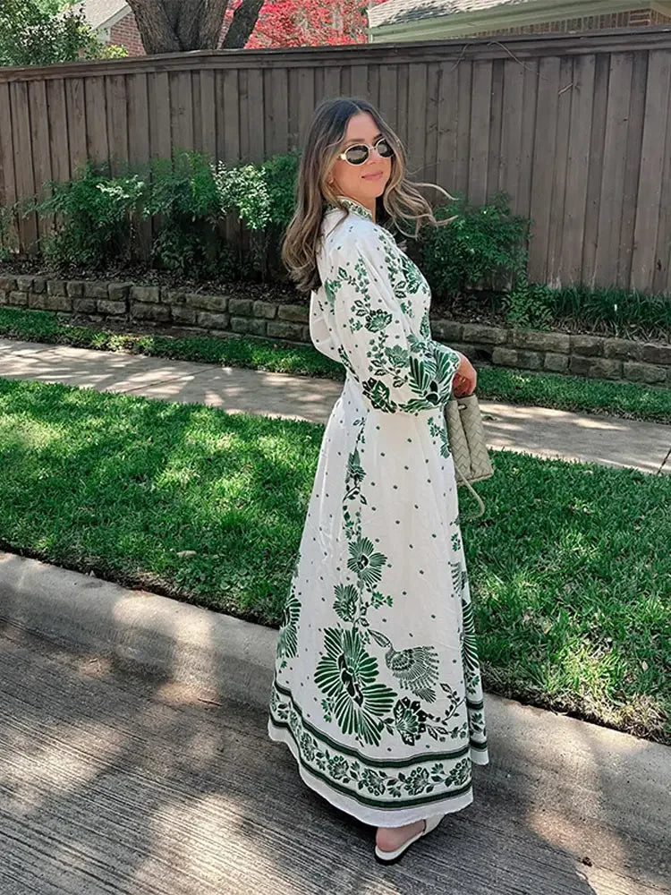 Esmeralda Green Print  Maxi Dress Long Lantern Sleeves