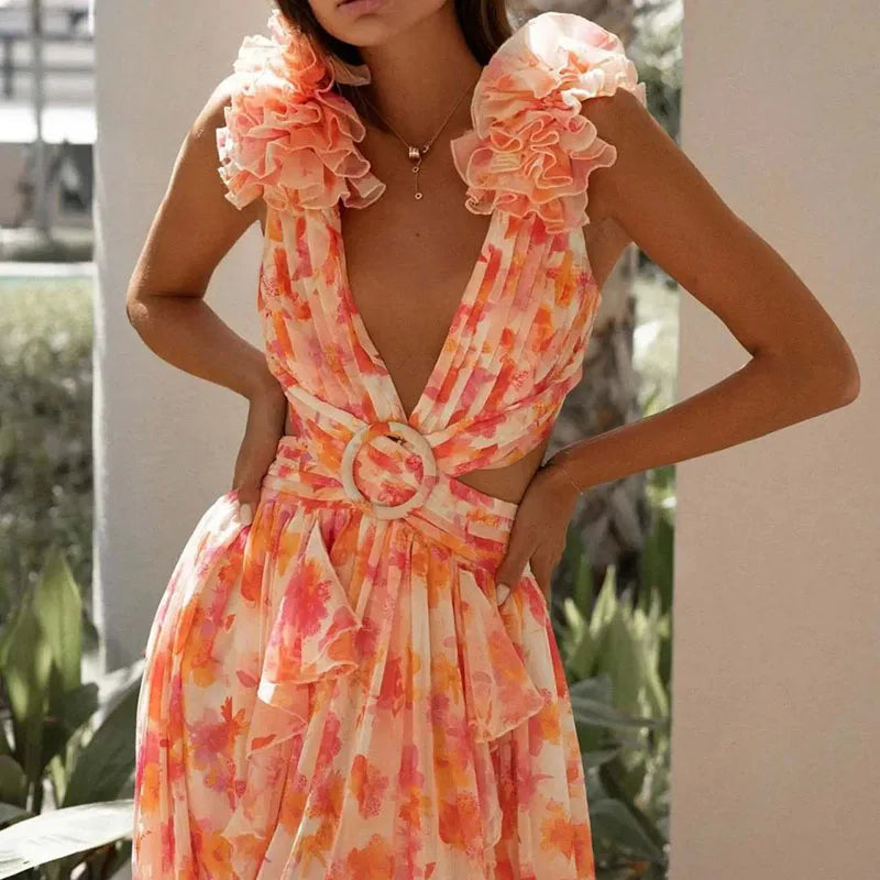 Stacey Floral Print Deep V-neck Hollow Maxi Dress