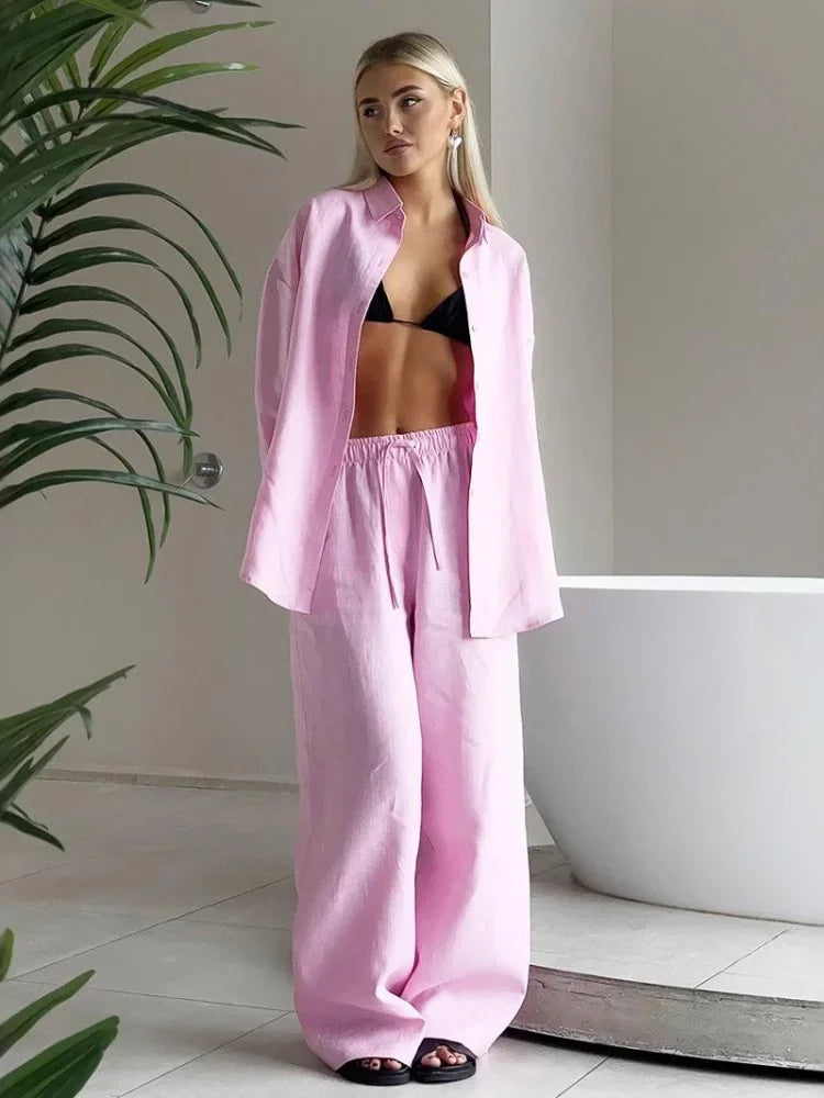 Zaina Long Sleeve Lapel Blouse And Pants Two-piece Set