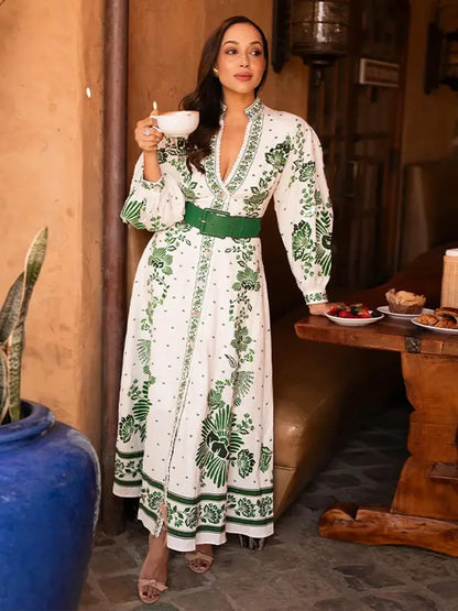 Esmeralda Green Print  Maxi Dress Long Lantern Sleeves