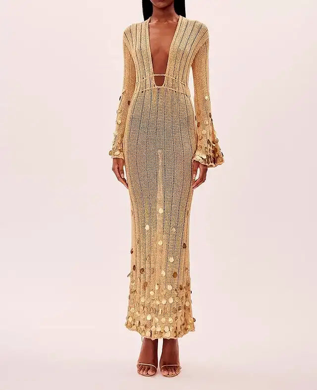Salma Sequin Knitted Gold Long Dress