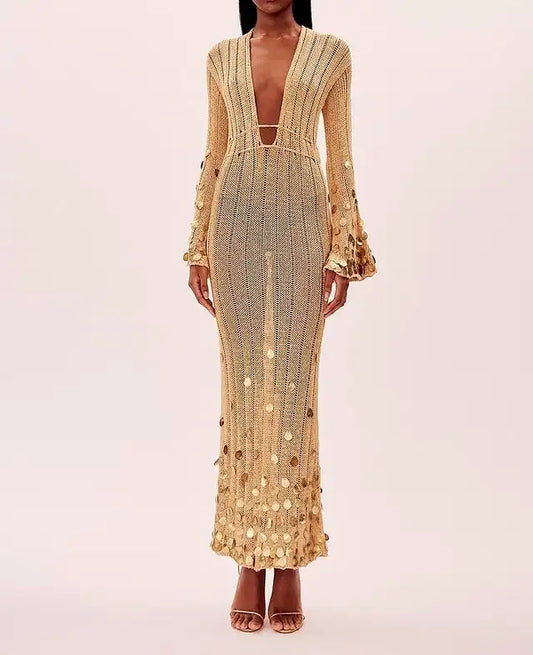 Salma Sequin Knitted Gold Long Dress