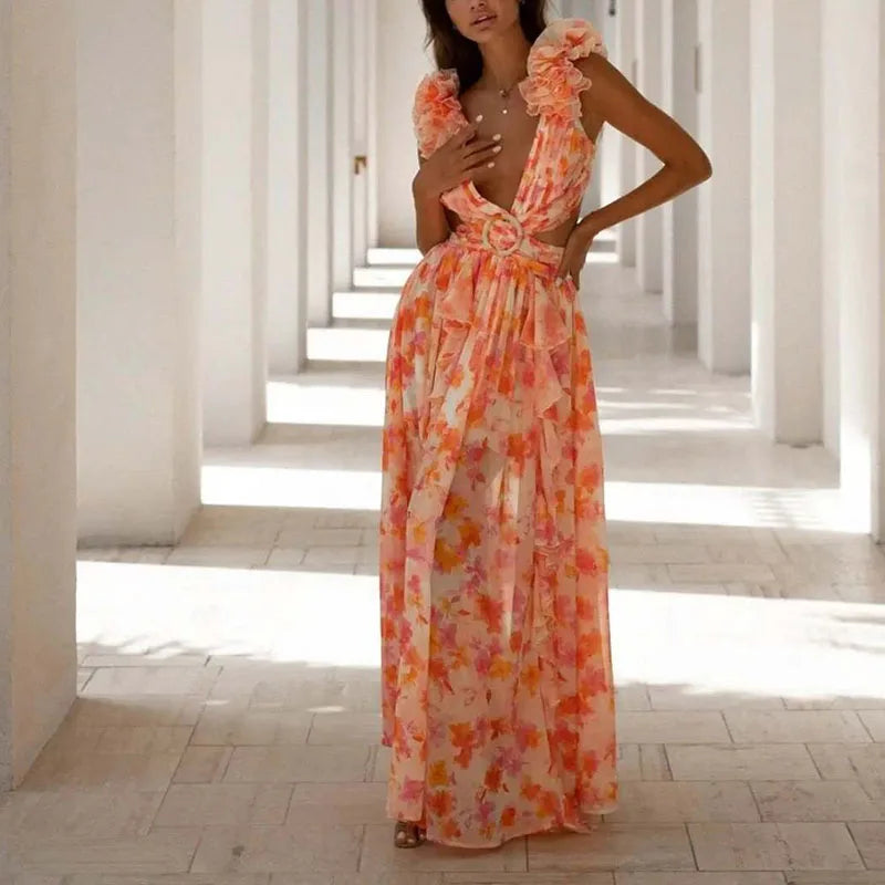Stacey Floral Print Deep V-neck Hollow Maxi Dress
