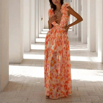 Stacey Floral Print Deep V-neck Hollow Maxi Dress