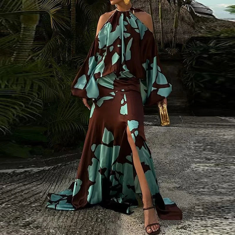Dania Off-the-shoulder Tropical Print Halter Neck Maxi Dress