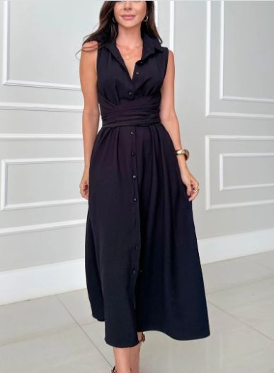 Penelope Button Down Tie Waist Midi Dress