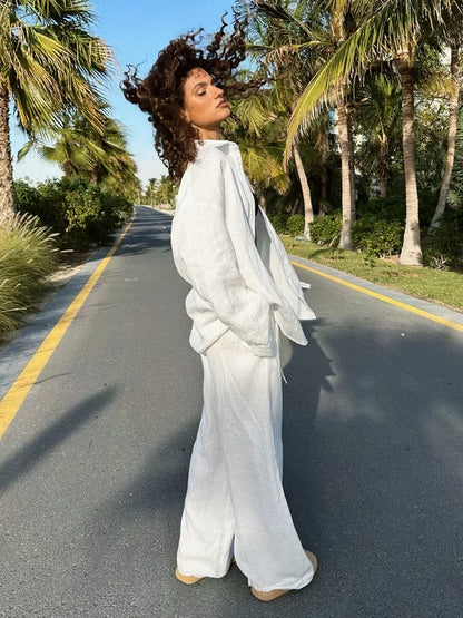 Zaina Long Sleeve Lapel Blouse And Pants Two-piece Set