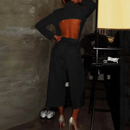 Bonnie Open Back Button Down Blouse Casual Pants Two Piece Set