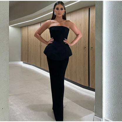 Nadia Elegant Tube Top High Waist Pleated Skirt Two Piece Set