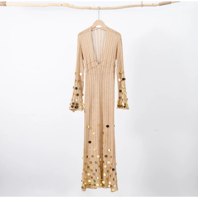Salma Sequin Knitted Gold Long Dress