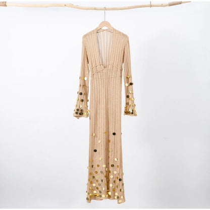 Salma Sequin Knitted Gold Long Dress