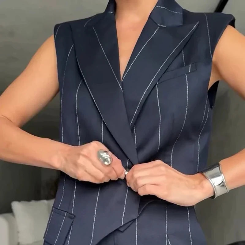 Daphne Asymmetrical Pinstripe Two-Piece Suit Set – Sleeveless Blazer & Wide-Leg Cargo Trousers Trendy Formal Streetwear Outfit