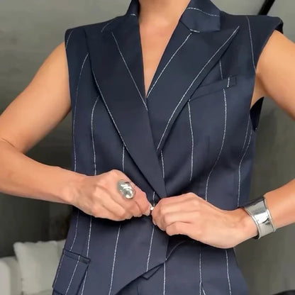 Daphne Asymmetrical Pinstripe Two-Piece Suit Set – Sleeveless Blazer & Wide-Leg Cargo Trousers Trendy Formal Streetwear Outfit