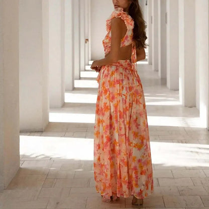 Stacey Floral Print Deep V-neck Hollow Maxi Dress