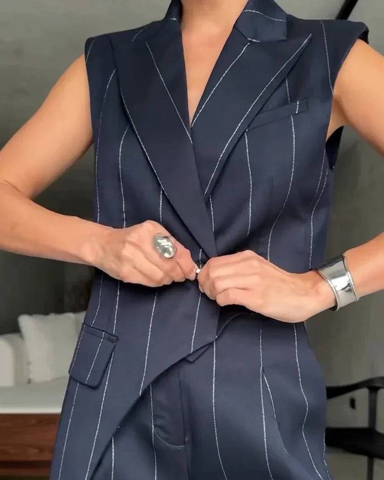 Daphne Asymmetrical Pinstripe Two-Piece Suit Set – Sleeveless Blazer & Wide-Leg Cargo Trousers Trendy Formal Streetwear Outfit