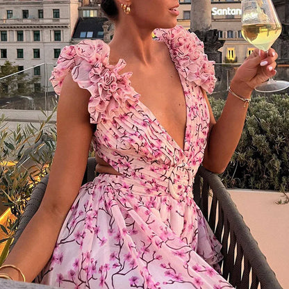Stacey Floral Print Deep V-neck Hollow Maxi Dress