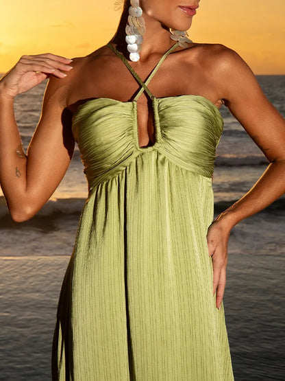 Lela Lace Up Cross Strap Pleated Maxi Dress