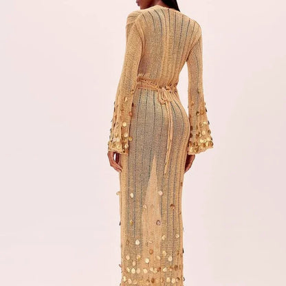 Salma Sequin Knitted Gold Long Dress