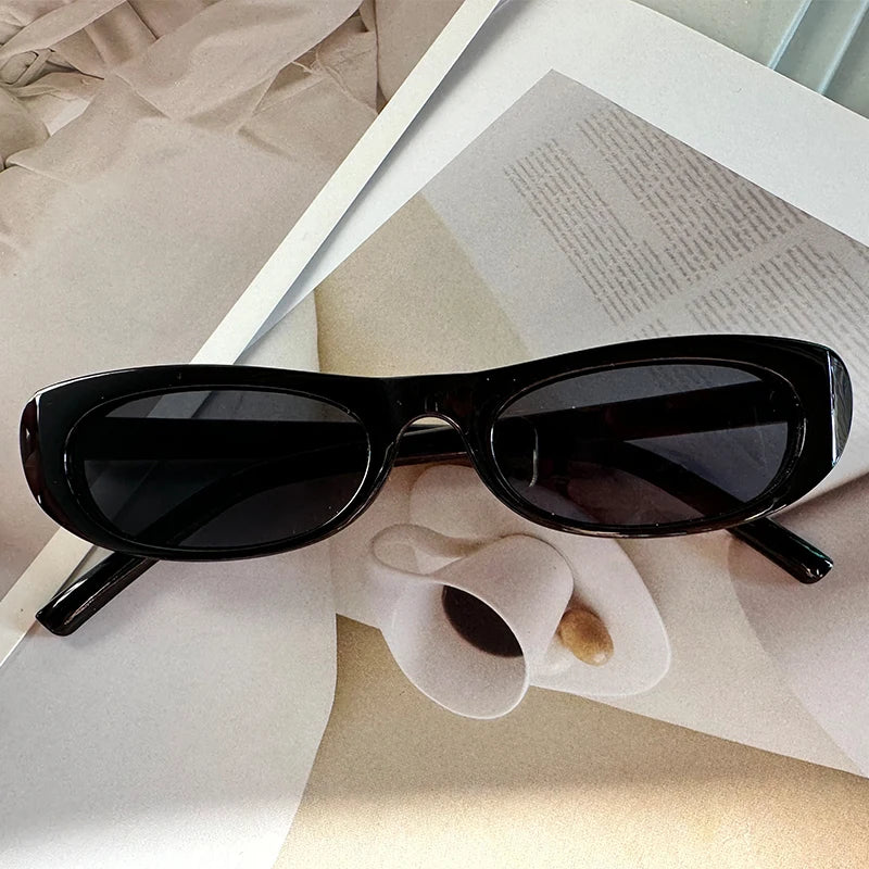 Cat Eye Black Sunglasses Narrow Frame Rectangle Shades