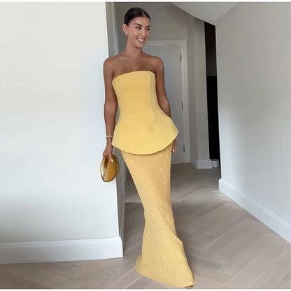 Nadia Elegant Tube Top High Waist Pleated Skirt Two Piece Set