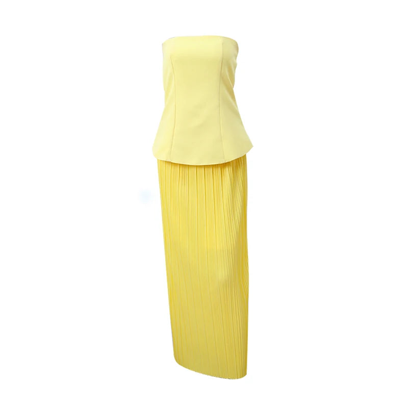 Nadia Elegant Tube Top High Waist Pleated Skirt Two Piece Set