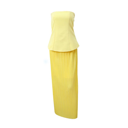 Nadia Elegant Tube Top High Waist Pleated Skirt Two Piece Set