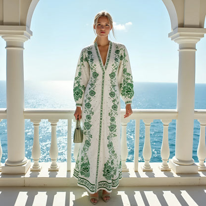Dalia Long Lantern Sleeve Green Print Dress