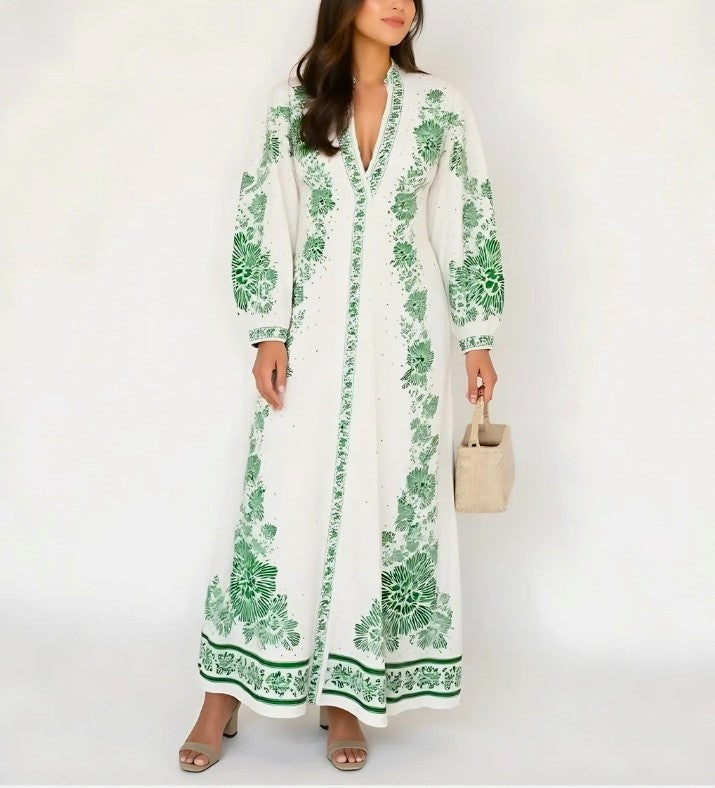 Dalia Long Lantern Sleeve Green Print Dress