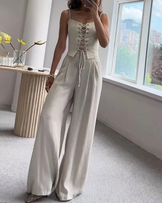 Sommer Hollow Lace Top & Pants Two-Piece Set