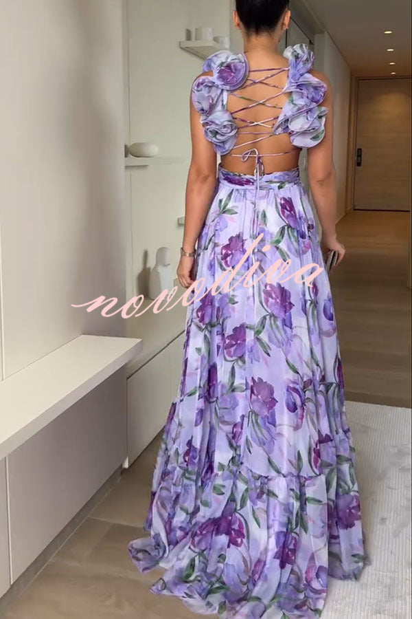 Grace Tulle Floral Ruffle Lace-up Maxi Dress