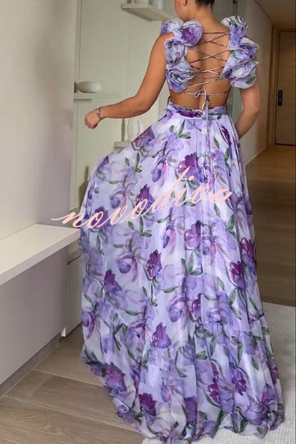 Grace Tulle Floral Ruffle Lace-up Maxi Dress