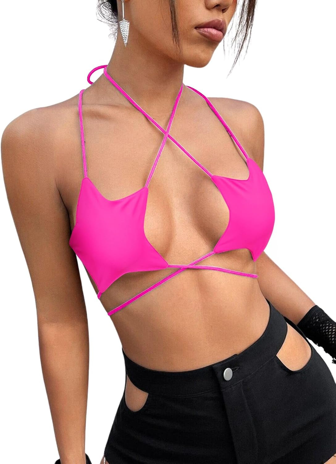 Rave Star Top for Women - EDC Festival Sexy Halter Party Dance Bra Backless Strappy Crisscross Wrap Tie Outfits