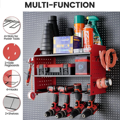 Power Tool Organizer, 3-Tier Drill Holder Wall Mount with 2 Red Side Pegboards, Tool Organizers and Storage for Garage, Tool Room, Workshop, Gifts for Men, Dad, Father, Husband, Brother,