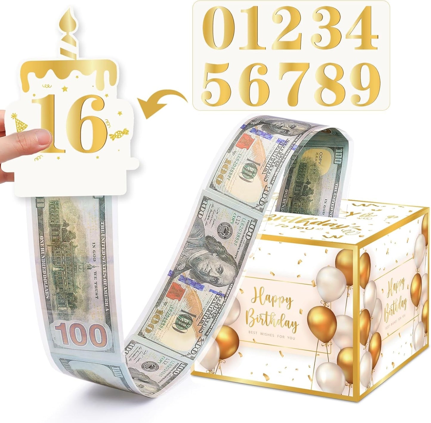 Birthday Money Gift Box with DIY Stickers for Any Ages, Surprise Money Holder for Cash Gift with Pull Out Happy Birthday Card and 100Pcs Bags - a Fun Way to Gift Cash for Birthdays