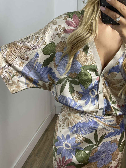 Andrena Satin Floral Print Off-Shoulder Shirt & Skirt