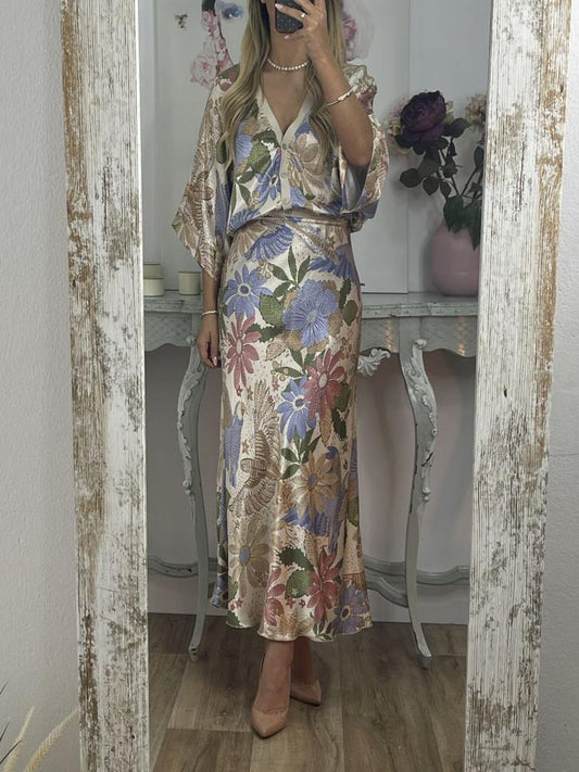 Andrena Satin Floral Print Off-Shoulder Shirt & Skirt