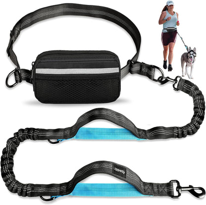 Hands Free Dog Running Leash with Adjustable Waist Belt, Dual Handle Elastic Bungees Retractable Rope for Medium and Large Dogs, Reflective Stitches for Walking Hiking Biking