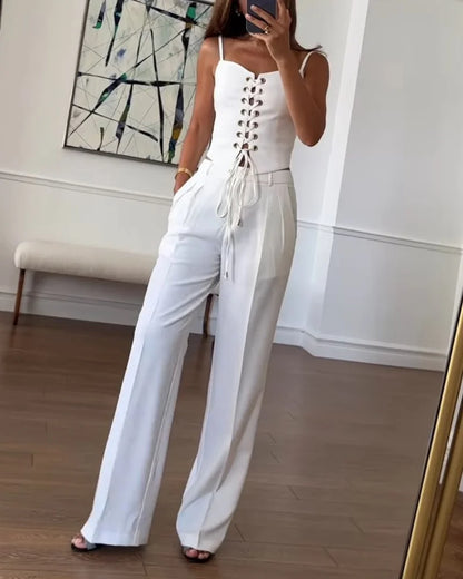 Sommer Hollow Lace Top & Pants Two-Piece Set