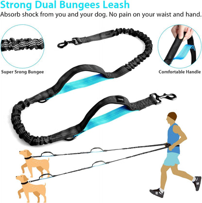 Hands Free Dog Running Leash with Adjustable Waist Belt, Dual Handle Elastic Bungees Retractable Rope for Medium and Large Dogs, Reflective Stitches for Walking Hiking Biking