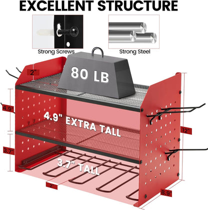 Power Tool Organizer, 3-Tier Drill Holder Wall Mount with 2 Red Side Pegboards, Tool Organizers and Storage for Garage, Tool Room, Workshop, Gifts for Men, Dad, Father, Husband, Brother,