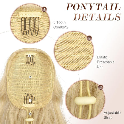 Long Ponytail Extensions, Drawstring Clip in Curly Wavy Hairpieces Synthetic Ponytails Hair Piece Pony Tail Extension for Women, Platinum Blonde 26 Inch