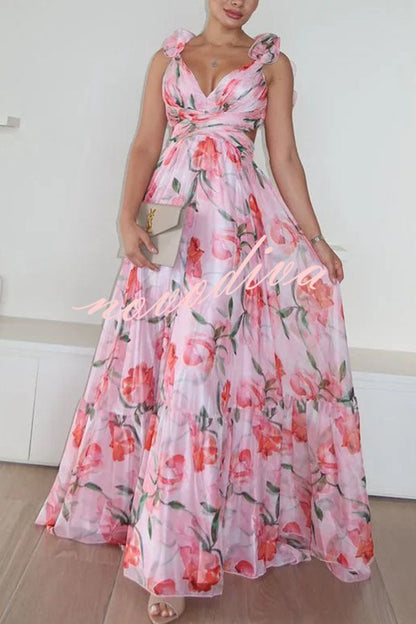 Grace Tulle Floral Ruffle Lace-up Maxi Dress