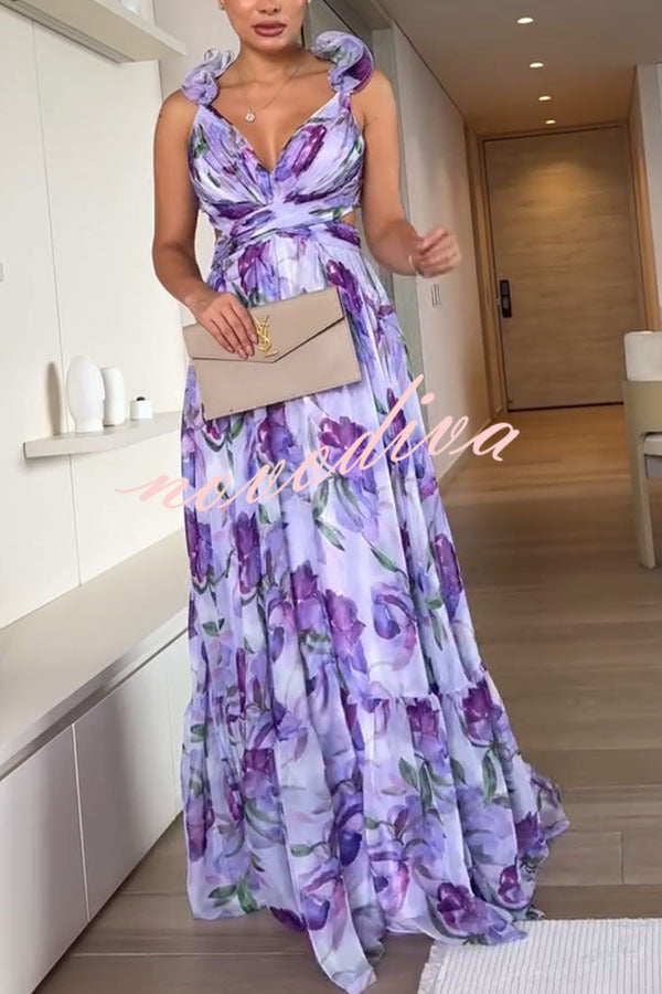 Grace Tulle Floral Ruffle Lace-up Maxi Dress
