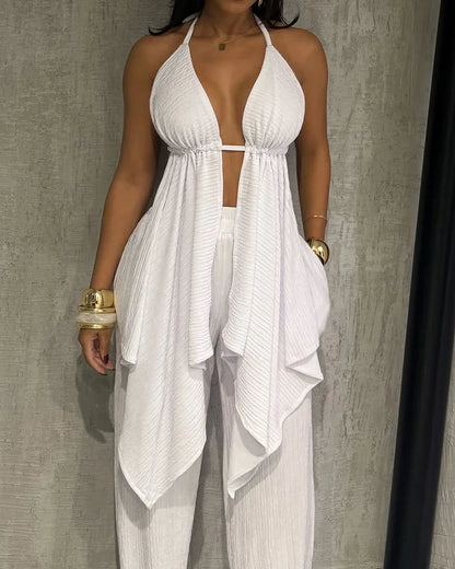 Mel Adjustable Straps Long Top With Pants Two Piece Set