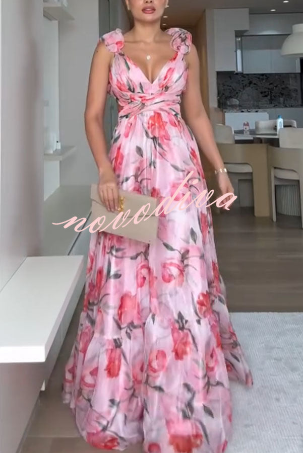 Grace Tulle Floral Ruffle Lace-up Maxi Dress