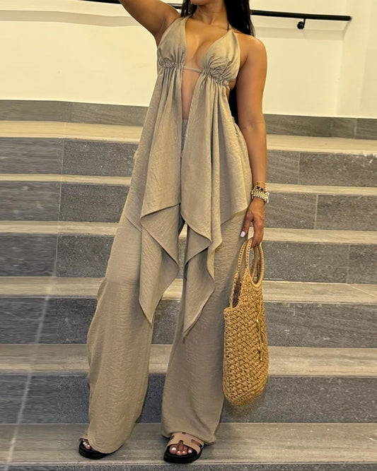 Mel Adjustable Straps Long Top With Pants Two Piece Set