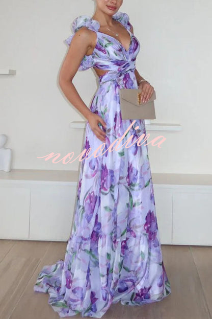 Grace Tulle Floral Ruffle Lace-up Maxi Dress