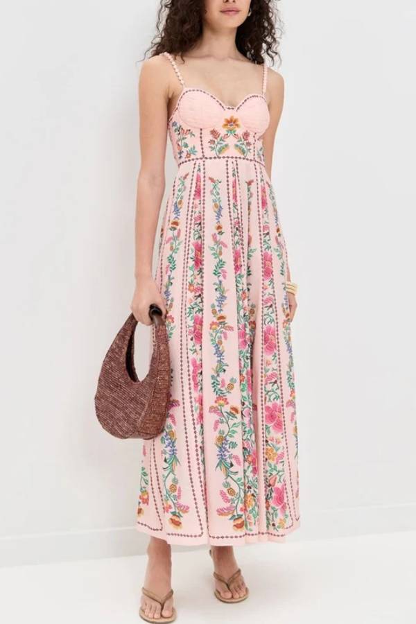 Val Printed Sweetheart Neck Beaded Straps Maxi Dress
