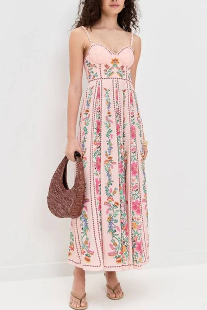 Val Printed Sweetheart Neck Beaded Straps Maxi Dress